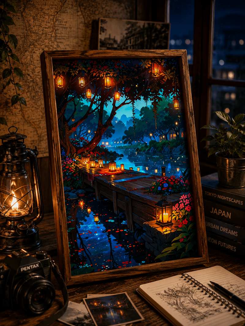 Đèn ngủ khung gỗ walnut vintage